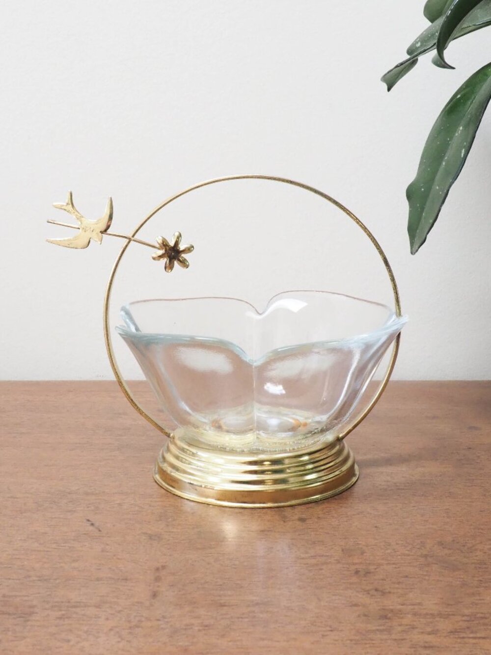 Vtg Glass Basket - Gold Toned Metal Handle - Vintage Italian Glass Candy Bowl